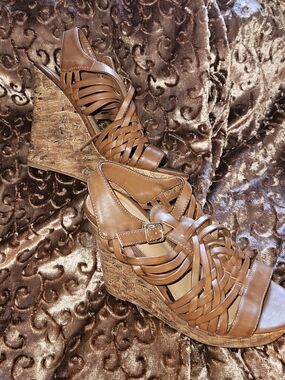 Soda Tan Woven Cork Wedge Sandals